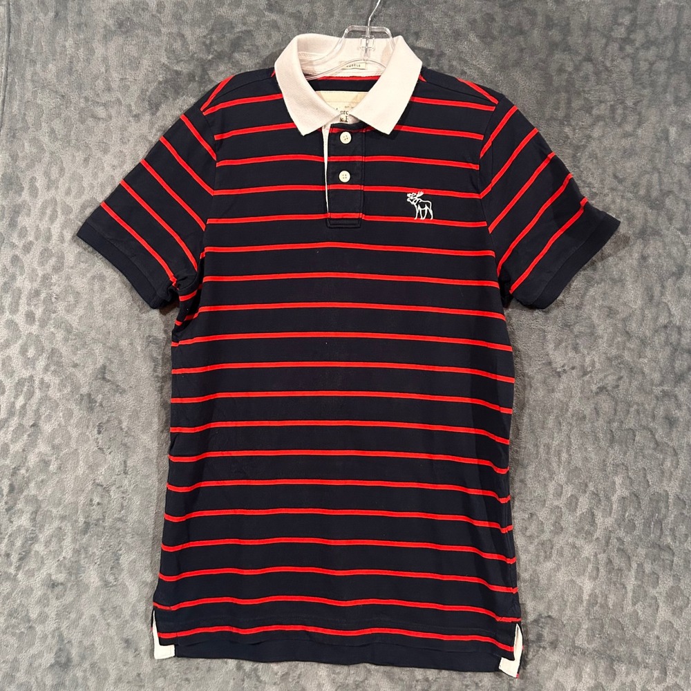 Abercrombie & Fitch Mens Muscle Fit Polo Shirt Large Navy Blue Red Striped Moose